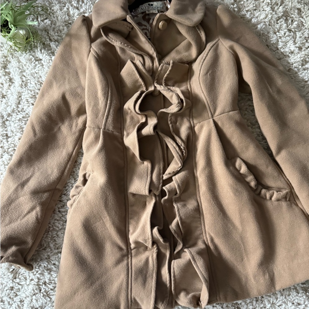 Jolt Camel Ruffle Front Trench Coat - Picture 2 of 8
